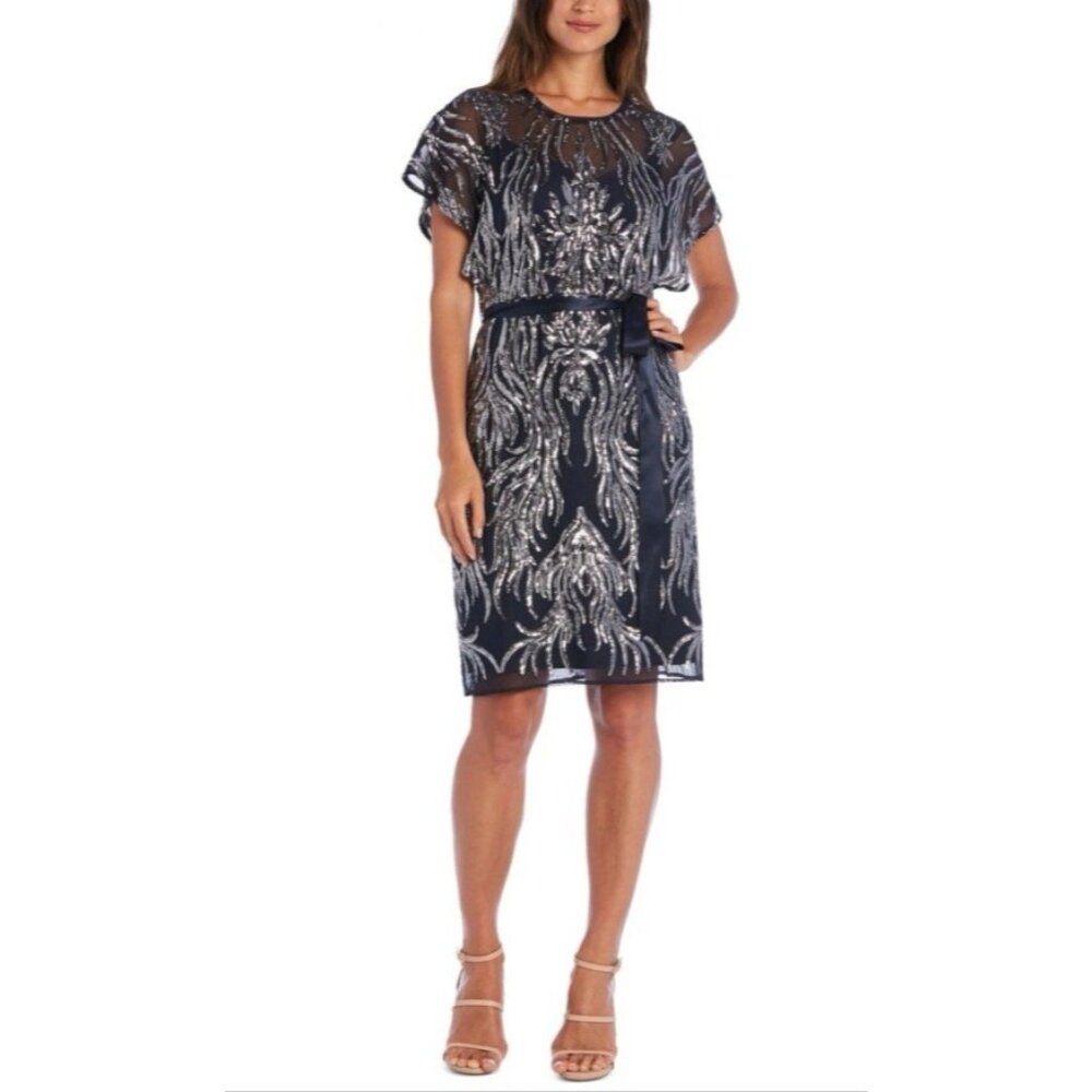 R & M Richards Dress 8 Navy Gold Sequin Wedding Guest Cocktail Party Cruise NEW